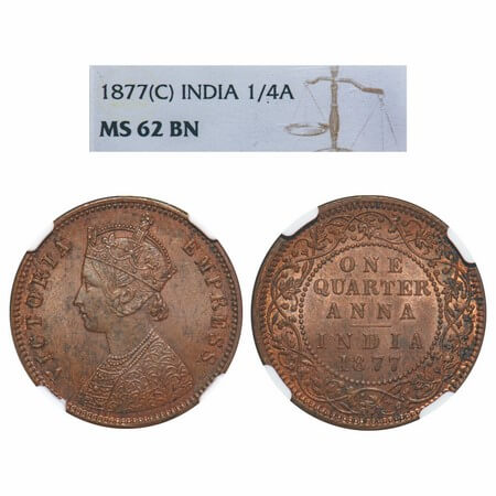 Victoria Empress, Copper, Quarter Anna, 1877, Calcutta Mint, B/II, No mint mark. F. Prid 6