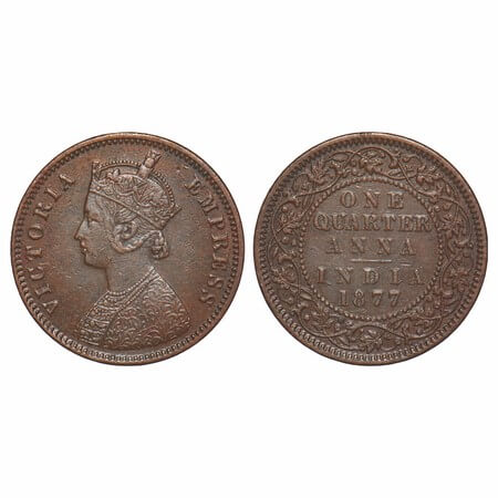 Victoria Empress, Copper, Quarter Anna, 1877, Calcutta Mint, B/II, No mint mark. F. Prid 6