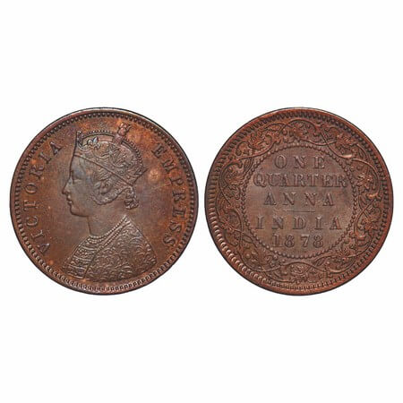 Victoria Empress, Copper, Quarter Anna, 1878, Calcutta Mint, B/II, No mint mark. F. Prid 6