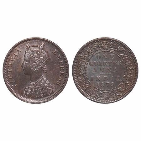 Victoria Empress, Copper, Quarter Anna, 1879, Calcutta Mint, B/II, 'C' incused. F. Prid 61