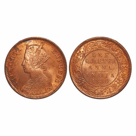 Victoria Empress, Copper, Quarter Anna, 1880, Calcutta Mint, B/II, 'C' incused. F. Prid 61