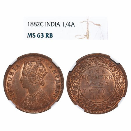 Victoria Empress, Copper, Quarter Anna, 1882, Calcutta Mint, B/II, 'C' incused. F. Prid 61