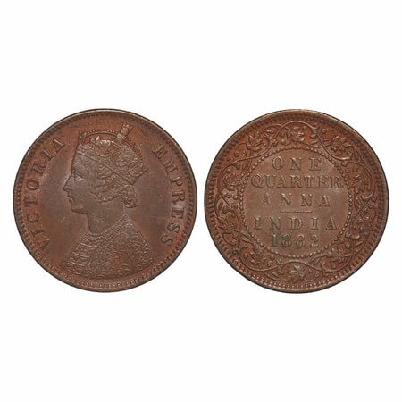 Victoria Empress, Copper, Quarter Anna, 1882, Calcutta Mint, B/II, 'C' incused. F. Prid 61