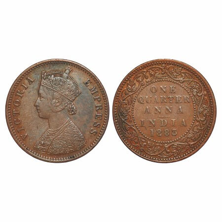 Victoria Empress, Copper, Quarter Anna, 1883, Bombay Mint, B/I, No mint mark. F. Prid 639.