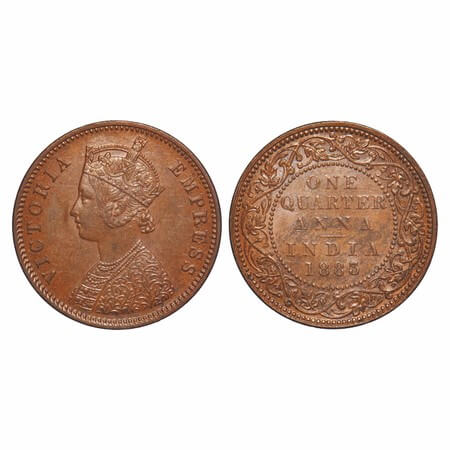 Victoria Empress, Copper, Quarter Anna, 1883, Bombay Mint, B/I, No mint mark. F. Prid 639.