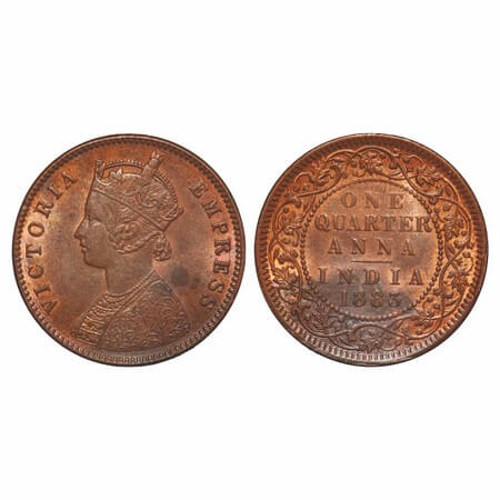 Victoria Empress, Copper, Quarter Anna, 1883, Calcutta Mint, B/II, 'C' incused. F. Prid 61
