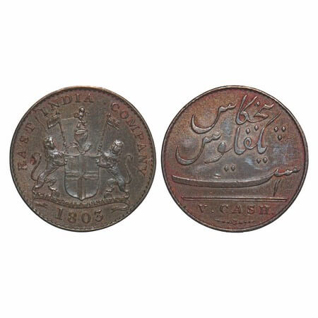 Madras Presidency, Copper V (Five) Cash, 2.95g, Struck at Soho Mint, 1803 AD, Obv: Coat of