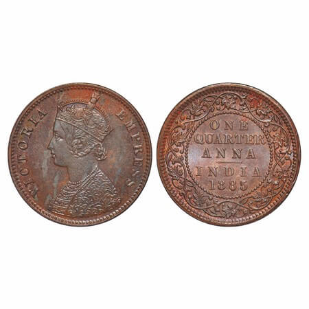 Victoria Empress, Copper, Quarter Anna, 1885, Calcutta Mint, B/II, 'C' incused. F. Prid 61