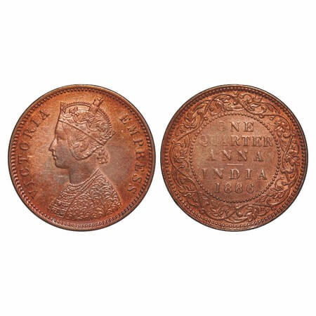 Victoria Empress, Copper, Quarter Anna, 1886, Bombay Mint, B/I, No mint mark. F. Prid 641.