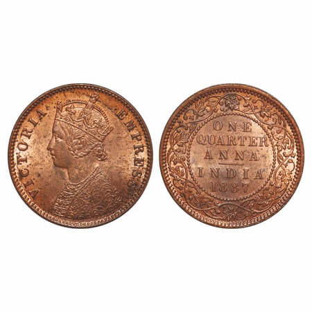 Victoria Empress, Copper, Quarter Anna, 1887, Calcutta Mint, B/II, 'C' incused. F. Prid 62