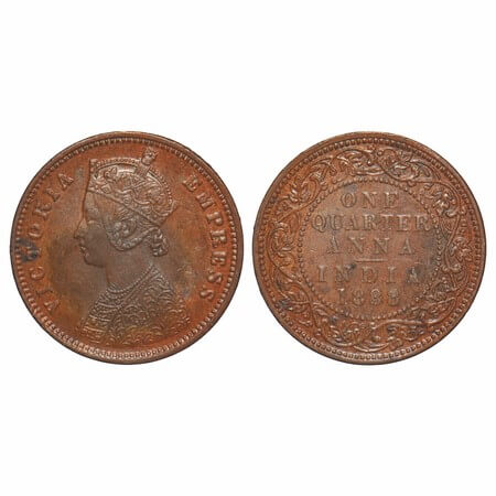 Victoria Empress, Copper, Quarter Anna, 1888, Bombay Mint, B/I, No mint mark. F. Prid 643.