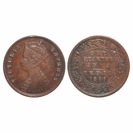 Victoria Empress, Copper, Quarter Anna, 1888, Calcutta Mint, B/II, No mint mark. F. Prid 6