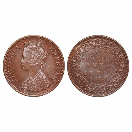 Victoria Empress, Copper, Quarter Anna, 1889, Bombay Mint, B/I, No mint mark. F. Prid 644.