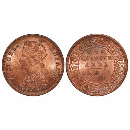 Victoria Empress, Copper, Quarter Anna, 1894, Calcutta Mint, B/II, No mint mark. F. Prid 6