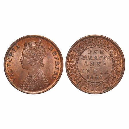 Victoria Empress, Copper, Quarter Anna, 1894, Calcutta Mint, B/II, No mint mark. F. Prid 6