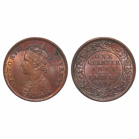 Victoria Empress, Copper, Quarter Anna, 1894, Calcutta Mint, B/II, No mint mark. F. Prid 6