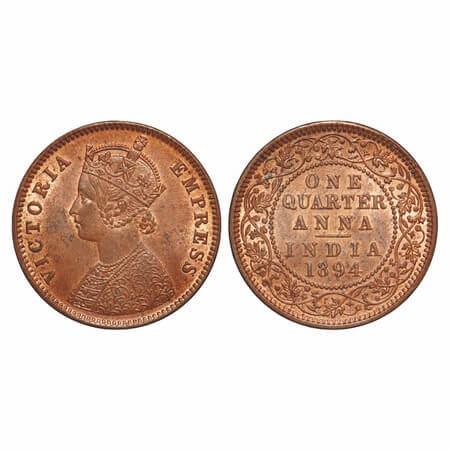 Victoria Empress, Copper, Quarter Anna, 1894, Calcutta Mint, B/II, No mint mark. F. Prid 6