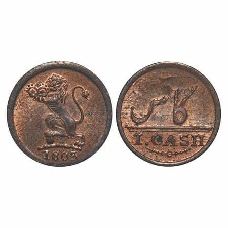 Madras Presidency, Copper Cash, 0.70g, (1803-1808 AD Issue). 1803 AD, Obv: Arms of EIC Com