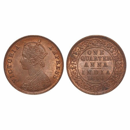 Victoria Empress, Copper, Quarter Anna, 1896, Calcutta Mint, B/II,No mint mark, Die cracks