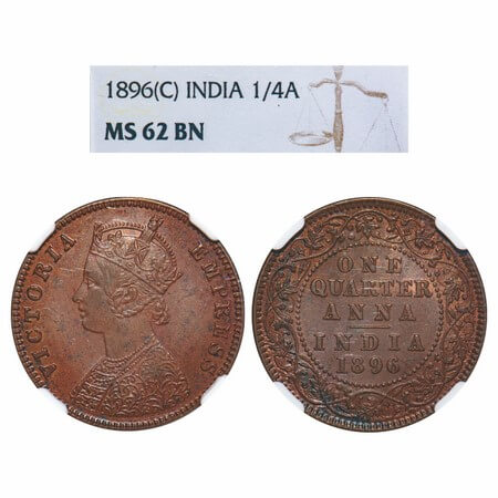 Victoria Empress, Copper, Quarter Anna, 1896, Calcutta Mint, B/II, No mint mark. F. Prid 6
