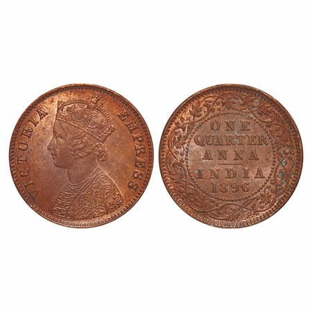 Victoria Empress, Copper, Quarter Anna, 1896, Calcutta Mint, B/II, No mint mark. F. Prid 6