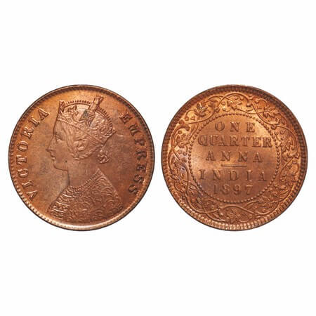 Victoria Empress, Copper, Quarter Anna, 1897, Calcutta Mint, B/II, No mint mark. F. Prid 6