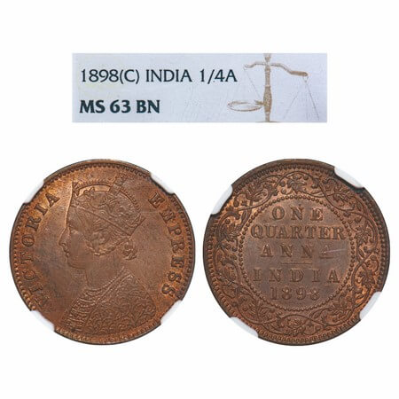 Victoria Empress, Copper, Quarter Anna, 1898, Calcutta Mint, B/II, No mint mark. F. Prid 6