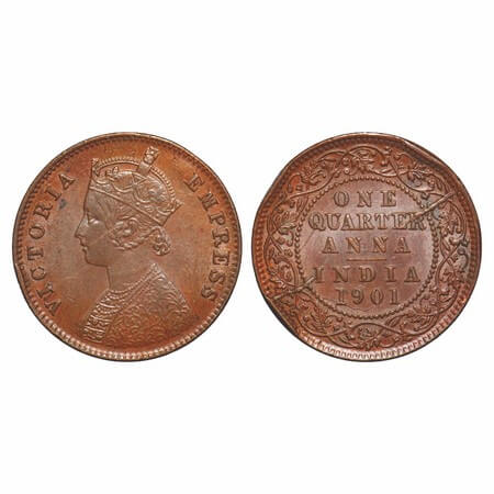 Victoria Empress, Copper, Quarter Anna, 1901, Calcutta Mint, B/II, No mint mark, Multiple 