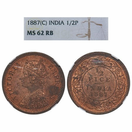 Victoria Empress, Copper, 1/2 Pice, 1887, Calcutta Mint, A/I, No mint mark. F. Prid 719. G