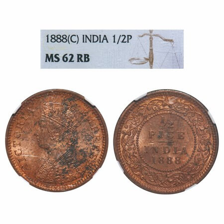 Victoria Empress, Copper, 1/2 Pice, 1888, Calcutta Mint, A/I, No mint mark. F. Prid 720. G