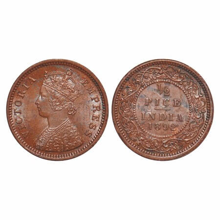 Victoria Empress, Copper, 1/2 Pice, 1892, Calcutta Mint, A/I, No mint mark, Ghost on Rev. 