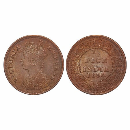 Victoria Empress, Copper, 1/2 Pice, 1896, Calcutta Mint, A/I, No mint mark. F. Prid 729. G