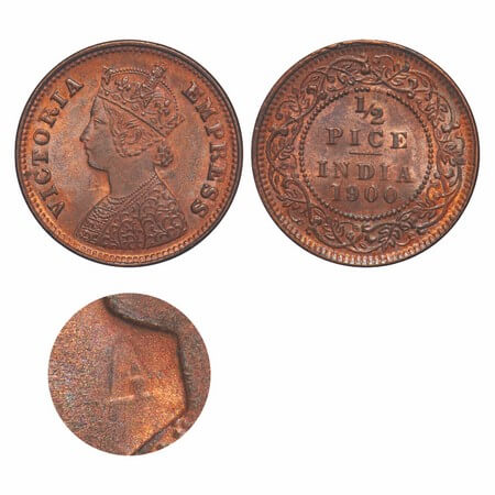 Victoria Empress, Copper, 1/2 Pice, 1900, Calcutta Mint, A/I, No mint mark, Ghost image of