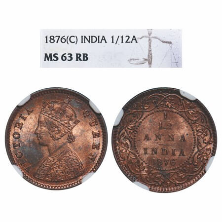 Victoria Queen, Copper, 1/12 Anna, 1876, Calcutta Mint, Obv A, No mint mark. F. Prid 785. 