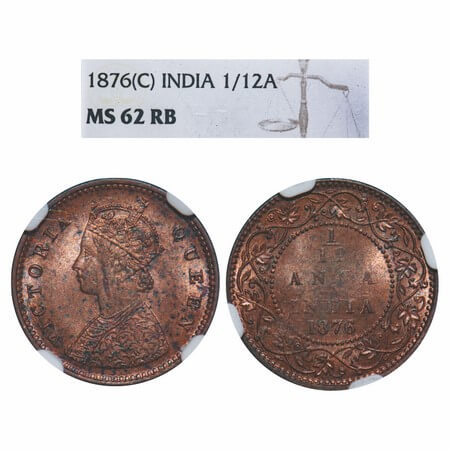 Victoria Queen, Copper, 1/12 Anna, 1876, Calcutta Mint, Obv A, No mint mark. F. Prid 785. 