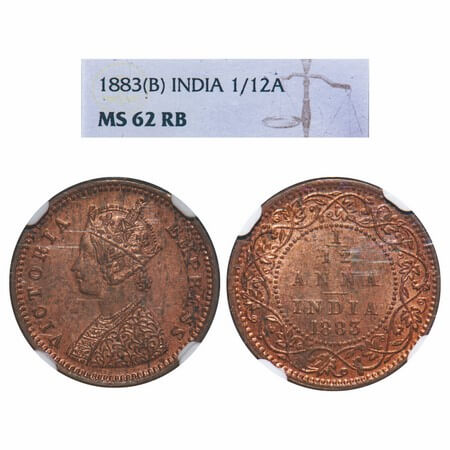 Victoria Empress, Copper, 1/12 Anna, 1883, Bombay Mint, Obv A, No mint mark. F. Prid 811. 