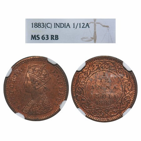Victoria Empress, Copper, 1/12 Anna 1883, Calcutta Mint, Obv B, No mint mark. F. Prid 789.