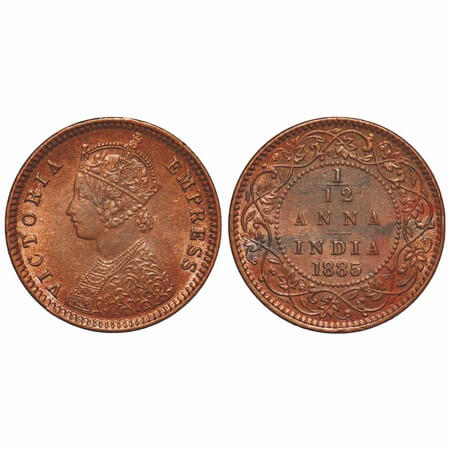 Victoria Empress, Copper, 1/12 Anna, 1885, Calcutta Mint, Obv B, No mint mark. F. Prid 790