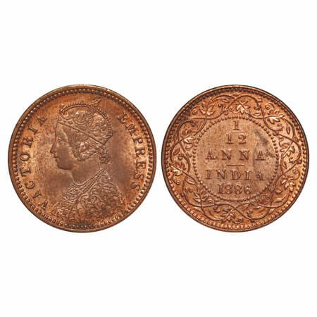Victoria Empress, Copper, 1/12 Anna, 1886, Calcutta Mint, Obv B, 'C' incused. F. Prid 791.