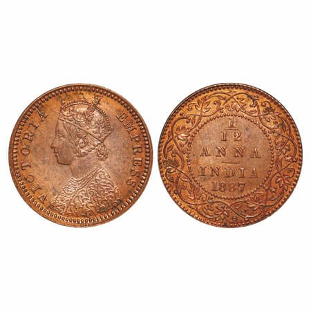 Victoria Empress, Copper, 1/12 Anna, 1887, Calcutta Mint, Obv B, 'C' incused. F. Prid 792.
