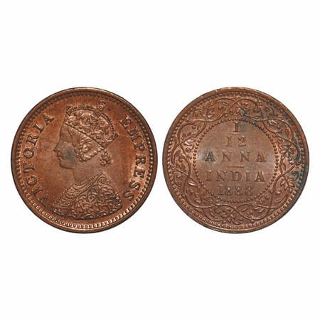 Victoria Empress, Copper, 1/12 Anna, 1888, Bombay Mint, Obv A, No mint mark. F. Prid 815.