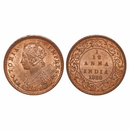 Victoria Empress, Copper, 1/12 Anna, 1888, Calcutta Mint, Obv B, No mint mark. F. Prid 793