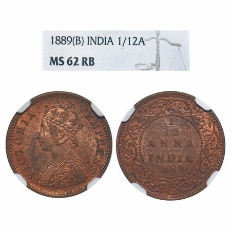 Victoria Empress, Copper, 1/12 Anna, 1889, Bombay Mint, Obv A, No mint mark. F. Prid 816. 