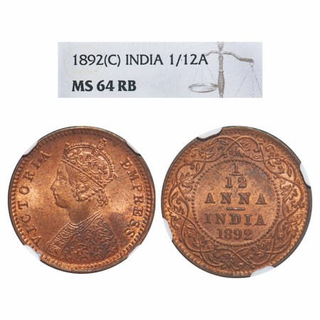Victoria Empress, Copper, 1/12 Anna, 1892, Calcutta Mint, Obv B, No mint mark. F. Prid 797