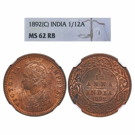 Victoria Empress, Copper, 1/12 Anna 1892, Calcutta Mint, Obv B, No mint mark. F. Prid 797.