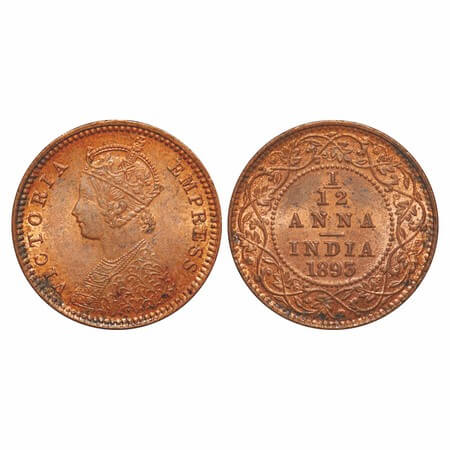 Victoria Empress, Copper, 1/12 Anna, 1893, Calcutta Mint, Obv B, No mint mark. F. Prid 798