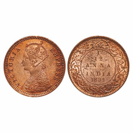 Victoria Empress, Copper, 1/12 Anna, 1894, Calcutta Mint, Obv B, No mint mark. F. Prid 799