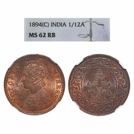 Victoria Empress, Copper, 1/12 Anna 1894, Calcutta Mint, Obv B, No mint mark. F. Prid 799.