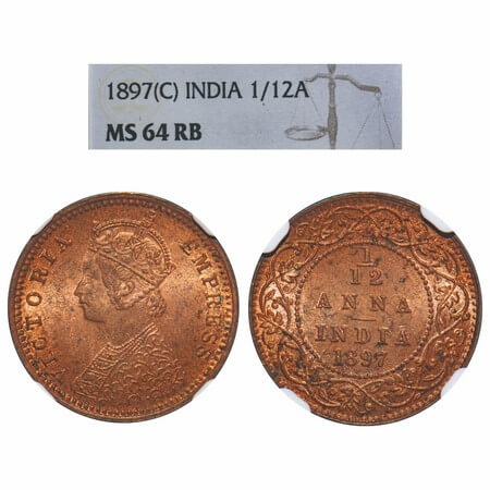 Victoria Empress, Copper, 1/12 Anna 1897, Calcutta Mint, Obv B, No mint mark. F. Prid 802.