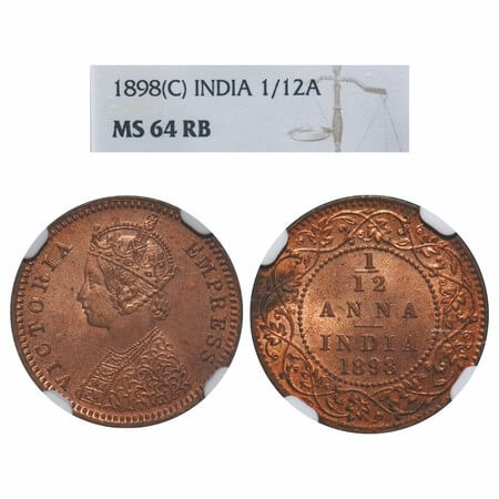 Victoria Empress, Copper, 1/12 Anna 1898, Calcutta Mint, Obv B, No mint mark. F. Prid 803.